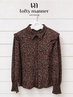 LOFTY MANNER Leopard Print Blouse – Burgundy & Black Ruffle Detail – Size XL